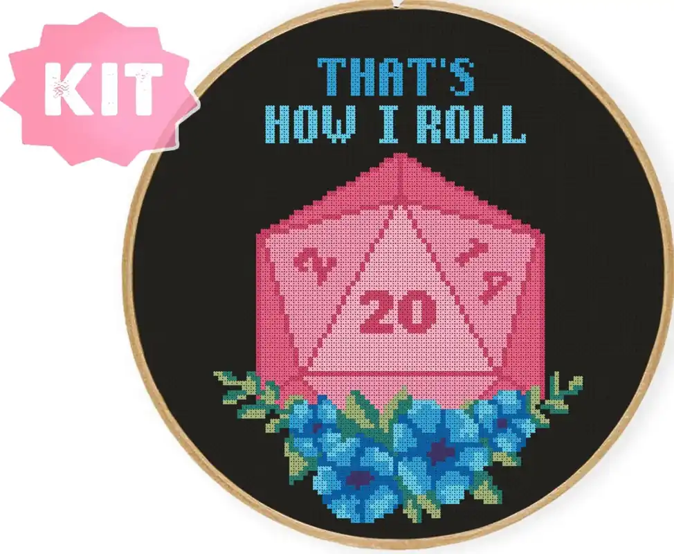 Skynda dig - That’s How I Roll Korsstygnskit – Rosa D20 & Kritisk Träff för RPG-fans