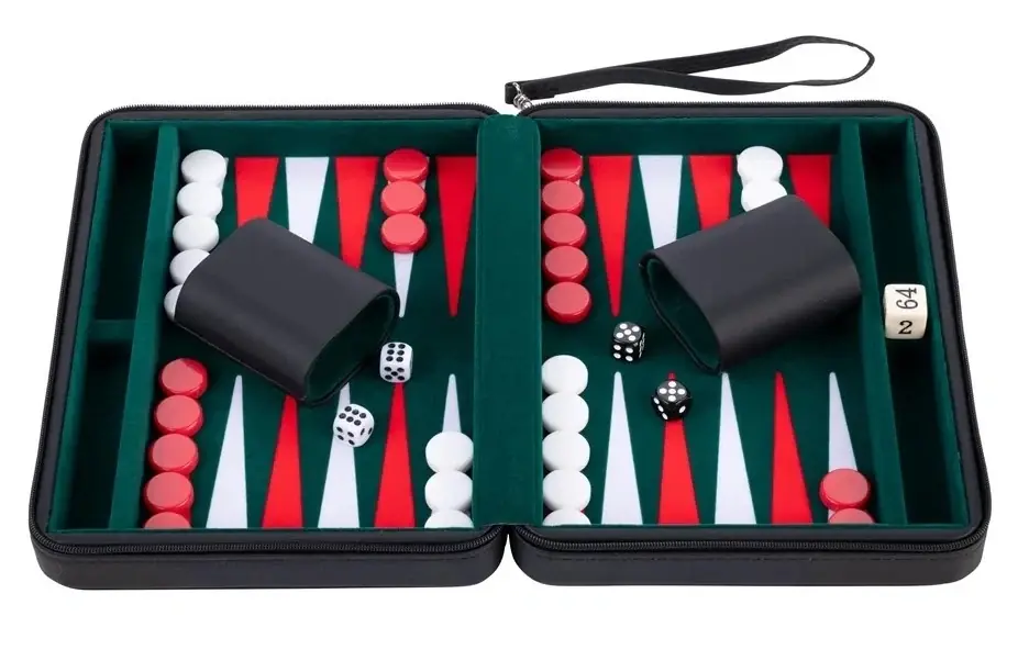 Backgammon 9‘‘, black zipper, green/ red/ white - Ny lansering