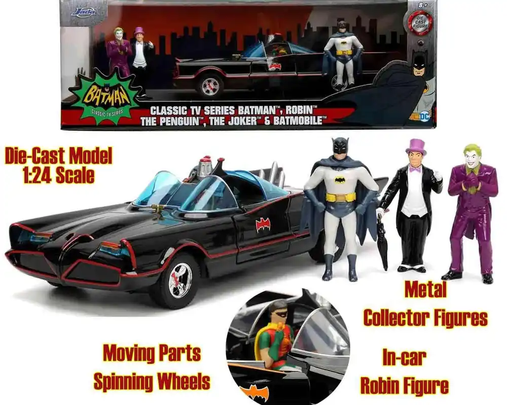 Batman 1966 Batmobile med Batman, Robin, Joker & The Penguin - 1 24 Die-Cast Modell Deluxe Edition | Prissänkt