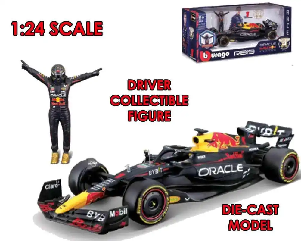 Få kvar i lager - F1 Red Bull Racing RB19 med Verstappen-figur - 1 24 Die-Cast Modell