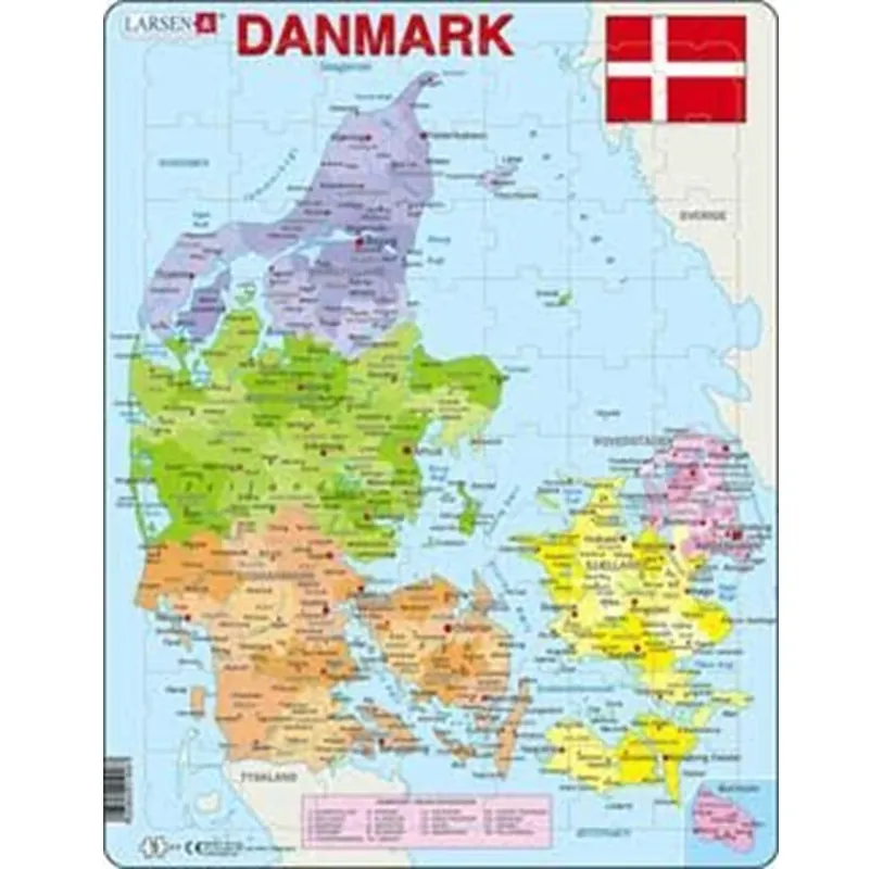 Hög kvalitet - Larsen Puzzles Pussel Danmark – Politisk Karta – 70 Bitar, Maxi (36,5 × 28,5 cm) 2D Pussel