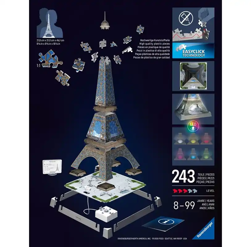 Ravensburger Eiffel Tower Light Up 3D Puzzle , 216pc 3D pusselspel | Finns i lager