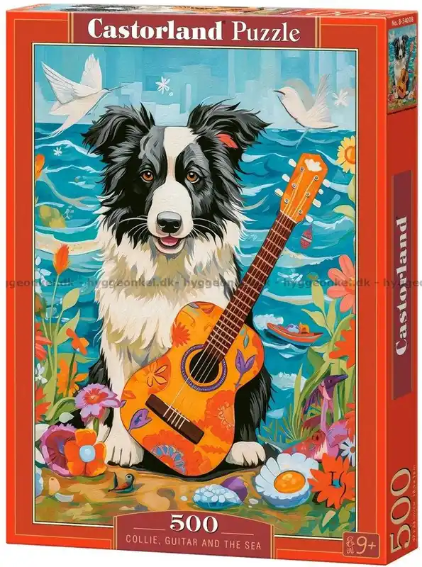 Bästsäljare | Collie med gitarr på stranden, 500 bitar