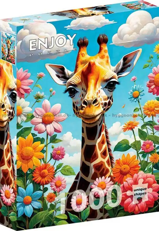 Mycket populär - Giraffen högt över blommorna, 1000 bitar