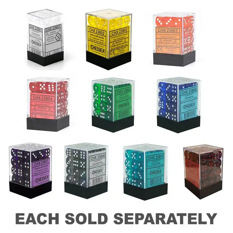 D6 DICE TRANSLUCENT 12MM (36 DICE) - Nästan slut